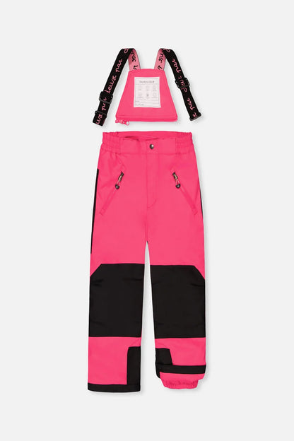 Habit de neige Play - Deux Par Deux rose et noir pour enfant avec bretelles réglables vue de face