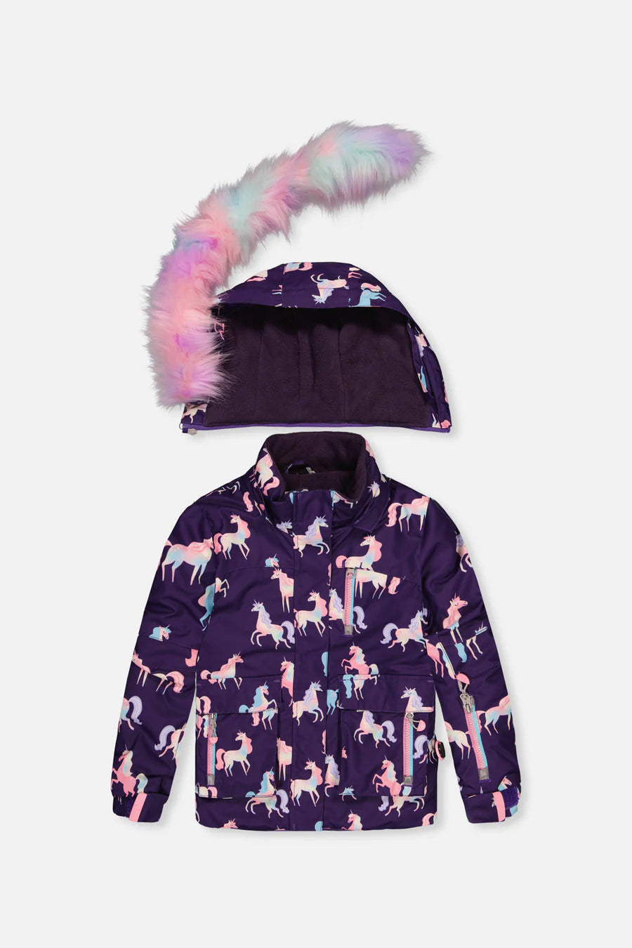 Habit de neige - Deux Par Deux pour enfant fille, motif licornes roses et bleues sur fond violet, capuche amovible avec fausse fourrure multicolore, vue de face.