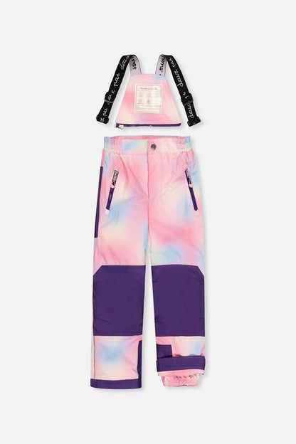 Habit de neige - Deux Par Deux pour enfant, pantalon à bretelles amovibles, dégradé rose et violet avec renforts en tissu technique, vue de face.