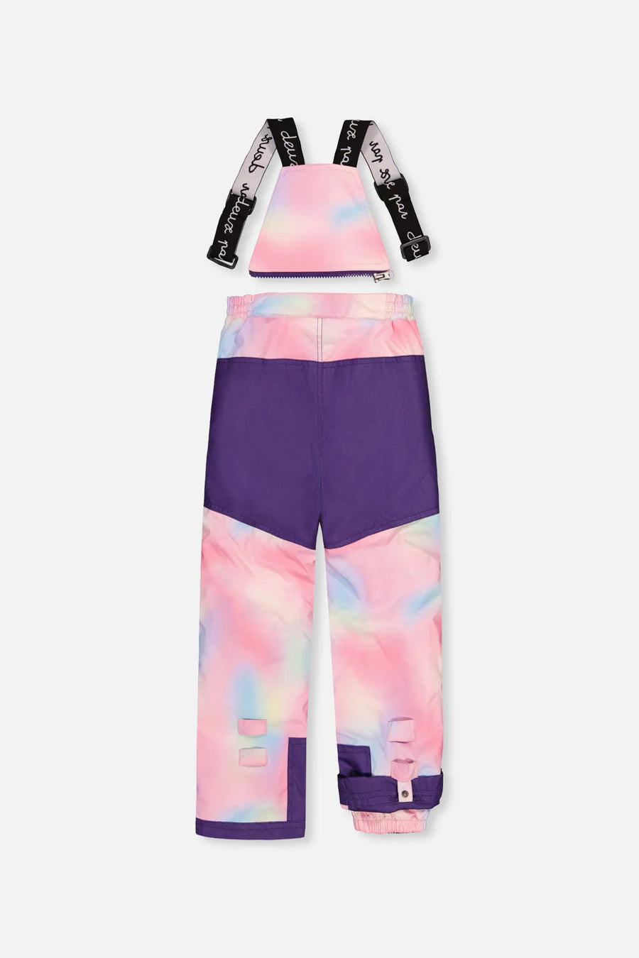 Habit de neige - Deux Par Deux pour enfant, pantalon multicolore rose, lilas et bleu avec bretelles noires imprimées, vue de dos.