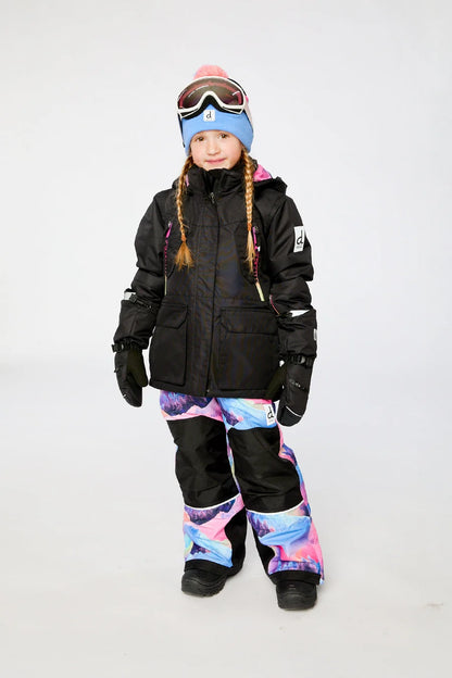 Habit de neige Teknik - Deux Par Deux noir et multicolore pour fille enfant porté avec lunettes de ski vue de face