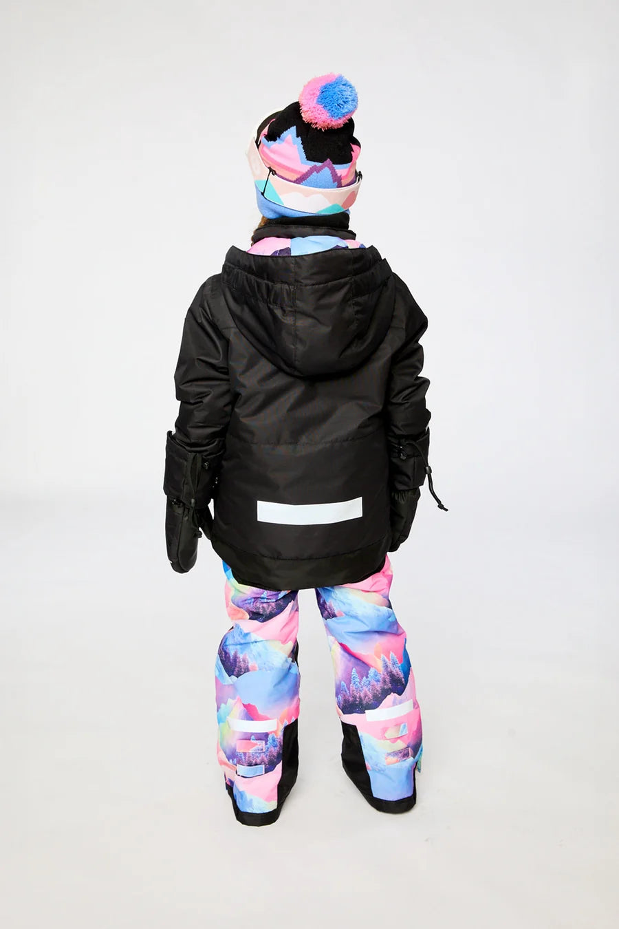 Habit de neige Teknik - Deux Par Deux noir et multicolore pour enfant avec pantalon imprimé et tuque à pompon vue de dos