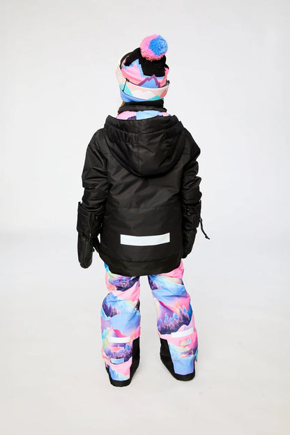 Habit de neige Teknik - Deux Par Deux noir et multicolore pour enfant avec pantalon imprimé et tuque à pompon vue de dos