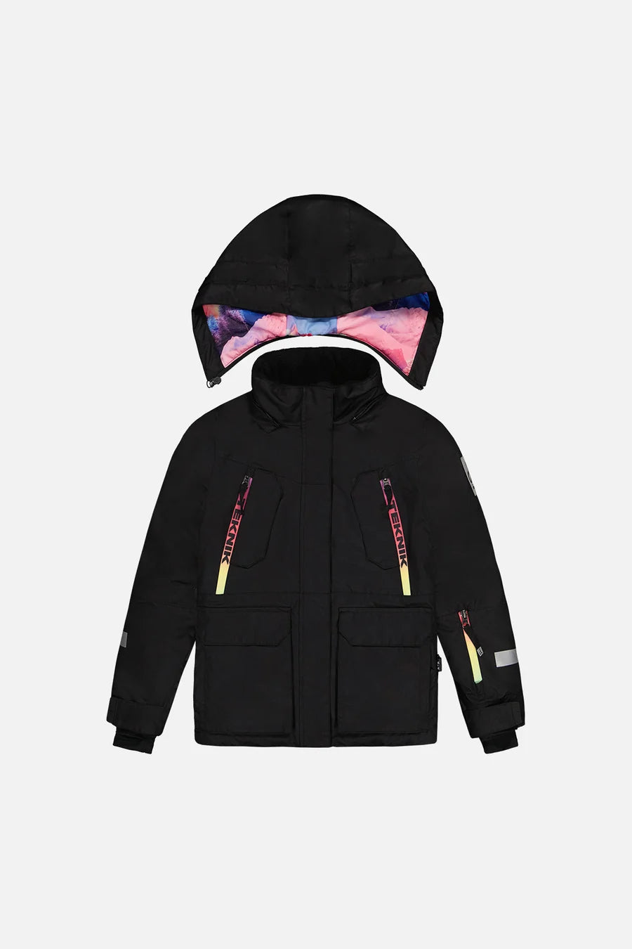 Habit de neige Teknik - Deux Par Deux noir avec capuchon doublé de motifs colorés pour enfant vue de face