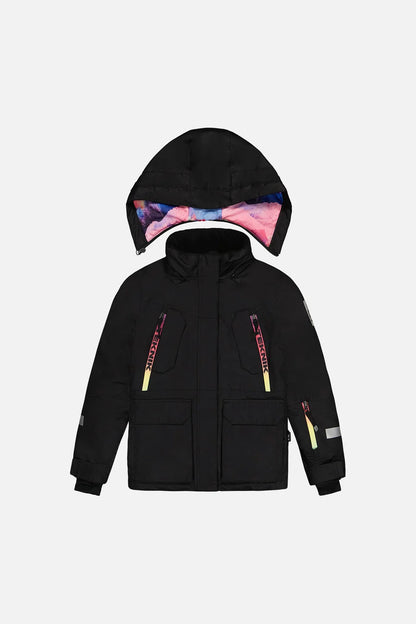 Habit de neige Teknik - Deux Par Deux noir avec capuchon doublé de motifs colorés pour enfant vue de face