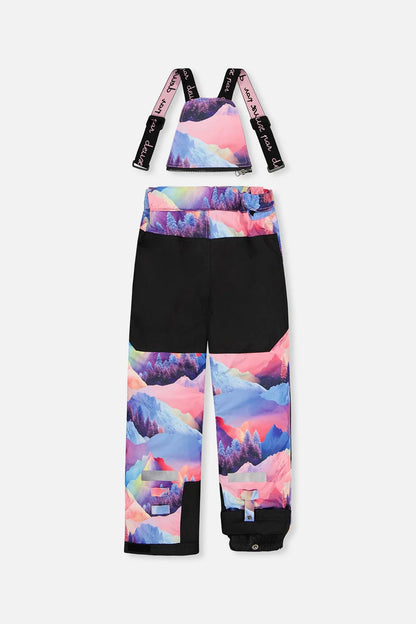 Habit de neige Teknik - Deux Par Deux noir et multicolore à motif de montagnes avec bretelles pour enfant vue de face