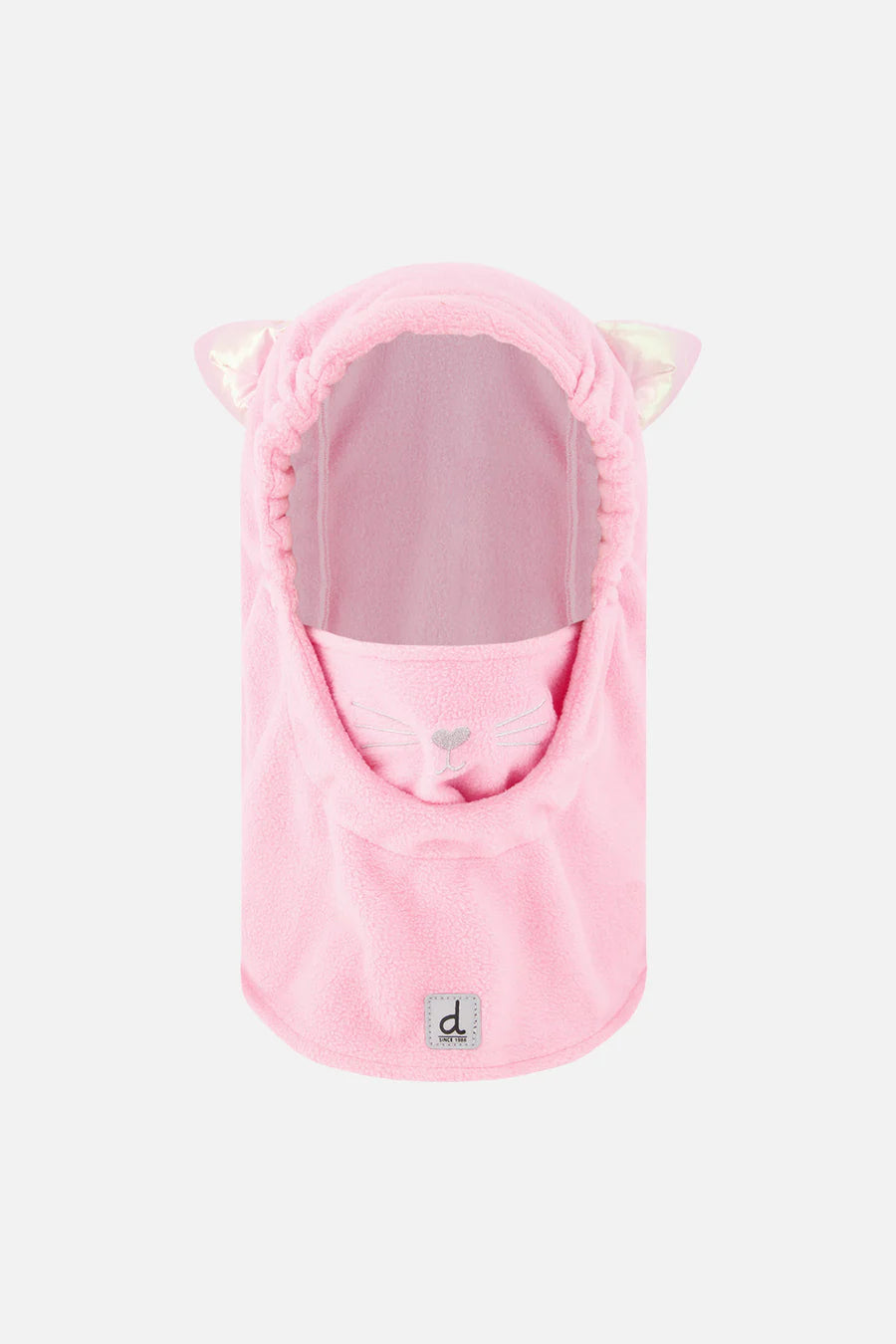 Grande cagoule en polaire pour casque de ski - Deux Par Deux, rose clair avec oreilles décoratives, motif visage de chat brodé, vue de face, pour enfant.