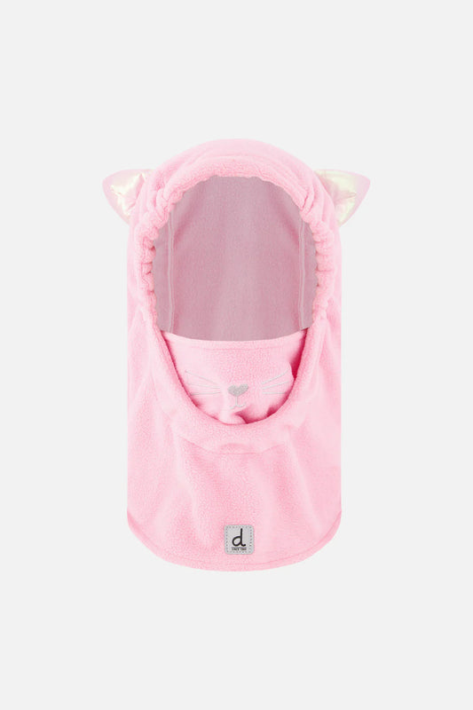 Grande cagoule en polaire pour casque de ski - Deux Par Deux, rose clair avec oreilles décoratives, motif visage de chat brodé, vue de face, pour enfant.