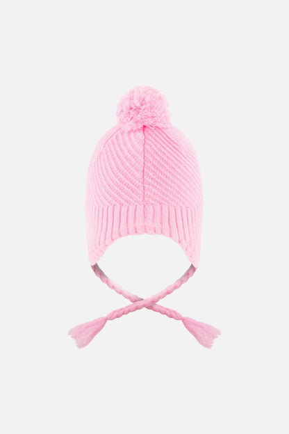 Tuque d'hiver - Deux Par Deux rose clair en tricot avec pompon, tresses pendantes, pour bébé, vue de face