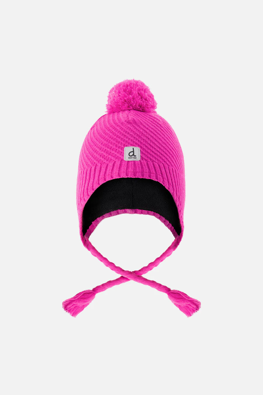 Tuque d'hiver - Deux Par Deux rose vif avec pompon, doublure noire en tissu chaud, style cache-oreilles pour enfant, vue de face.