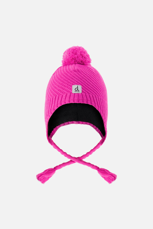 Tuque d'hiver - Deux Par Deux rose vif avec pompon, doublure noire en tissu chaud, style cache-oreilles pour enfant, vue de face.