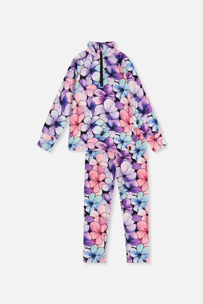 Sous-vêtements thermiques - Deux Par Deux, ensemble col montant à demi-zip et pantalon à fleurs multicolores violet, rose et bleu, pour enfant, vue de face.