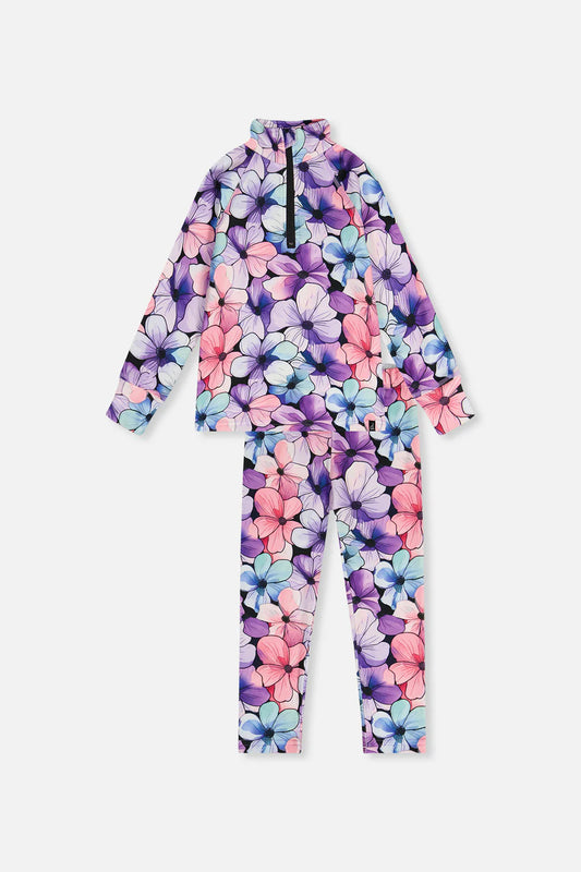 Sous-vêtements thermiques - Deux Par Deux, ensemble col montant à demi-zip et pantalon à fleurs multicolores violet, rose et bleu, pour enfant, vue de face.