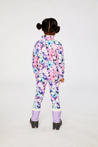 Sous-vêtements thermiques - Deux Par Deux avec motifs floraux bleus, roses et violets, en coton, pour enfant fille, vue de dos sur mannequin.