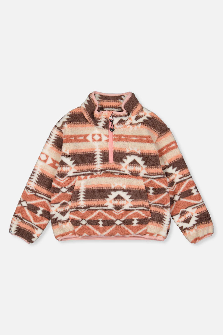 Hoodie en peluche - Deux Par Deux à motifs géométriques marron, orange et beige, en tissu doux, pour enfant, vue de face.