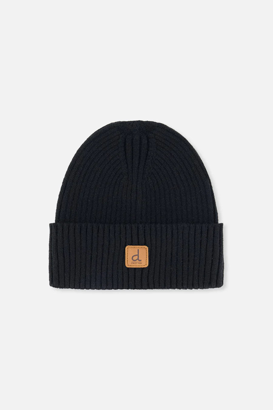 Tuque Mi-Saison - Deux Par Deux noire en maille côtelée avec étiquette en cuir, pour enfant, vue de face sur fond clair.