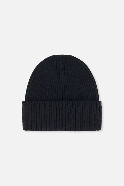 Tuque Mi-Saison - Deux Par Deux en tricot côtelé noir, en laine douce, pour enfant, vue de dessus.