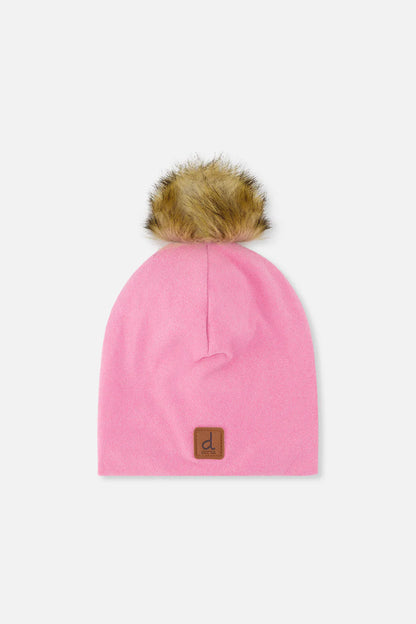 Tuque Mi-Saison - Deux Par Deux rose avec pompon en fausse fourrure marron, en tissu doux, pour enfant, vue de face.