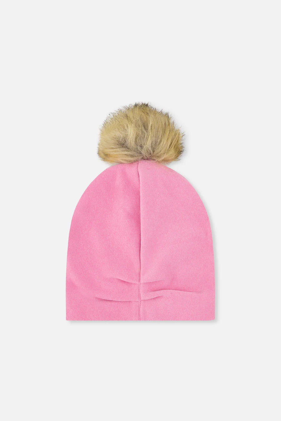 Tuque Mi-Saison - Deux Par Deux rose en tissu doux avec pompon en fausse fourrure beige, pour enfant, vue de face.