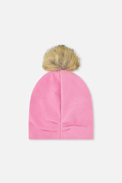 Tuque Mi-Saison - Deux Par Deux rose en tissu doux avec pompon en fausse fourrure beige, pour enfant, vue de face.