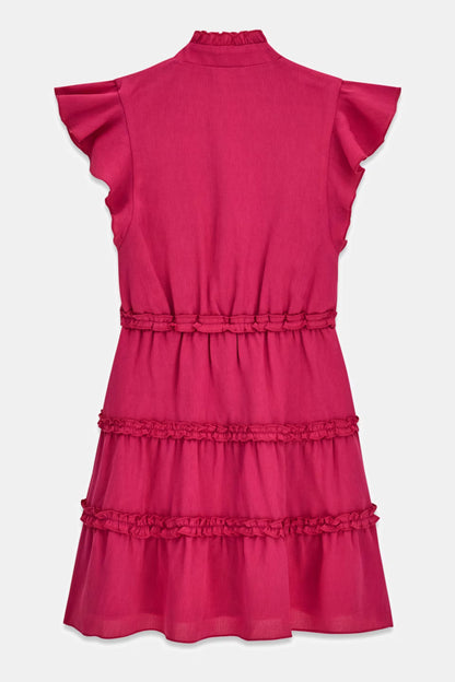 Robe - Guess rose fuchsia en tissu léger, sans manches à volants, taille élastiquée, vue de dos.