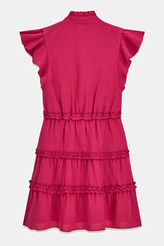 Robe - Guess rose fuchsia en tissu léger, sans manches à volants, taille élastiquée, vue de dos.