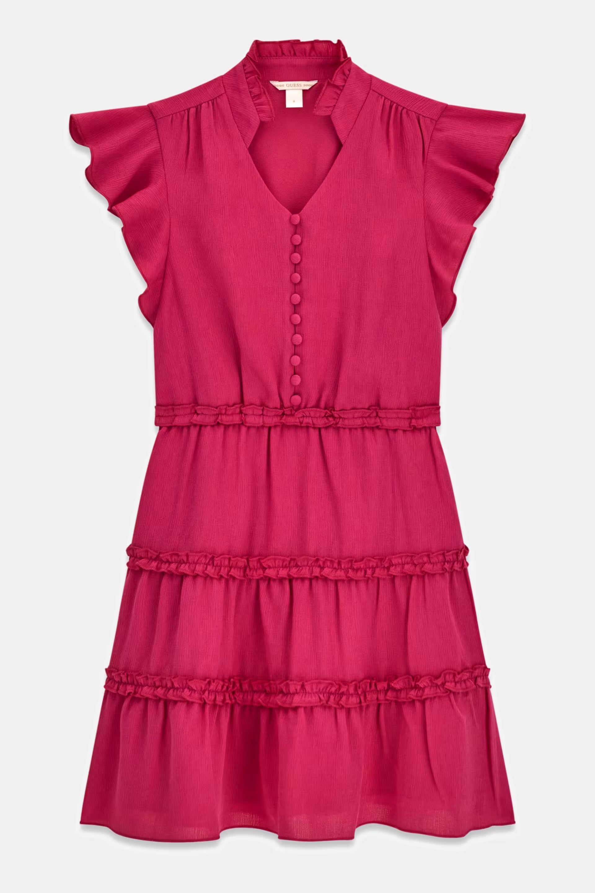 Robe - Guess fuchsia en tissu léger avec volants aux manches et bas, boutonnée devant, vue de face.