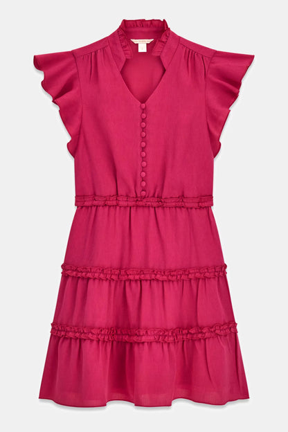 Robe - Guess fuchsia en tissu léger avec volants aux manches et bas, boutonnée devant, vue de face.