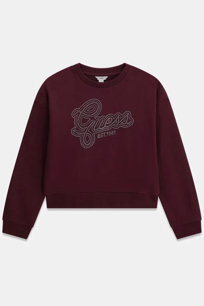 Chandail - Guess bordeaux en coton avec logo strassé blanc, col rond et manches longues, pour enfant, vue de face.