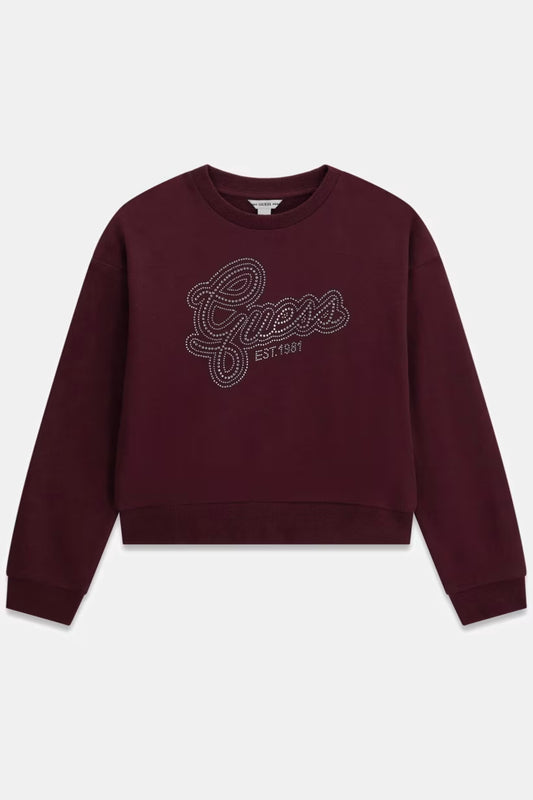 Chandail - Guess bordeaux en coton avec logo strassé blanc, col rond et manches longues, pour enfant, vue de face.