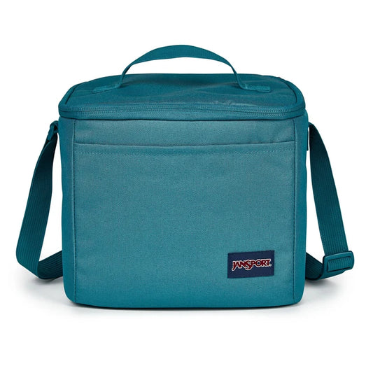 Boite à lunch - Super Snack bleu turquoise en tissu polyester avec poignée et bandoulière réglable, vue de face.