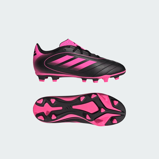 Chaussures de soccer Goletto IX FG - Adidas noir et rose, modèle adulte, vue de profil et dessous de la semelle pour terrain ferme