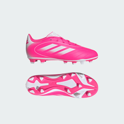 Chaussures de soccer Goletto IX FG - Adidas rose et blanc, semelle à crampons ferme, vue côté et dessous, taille junior.