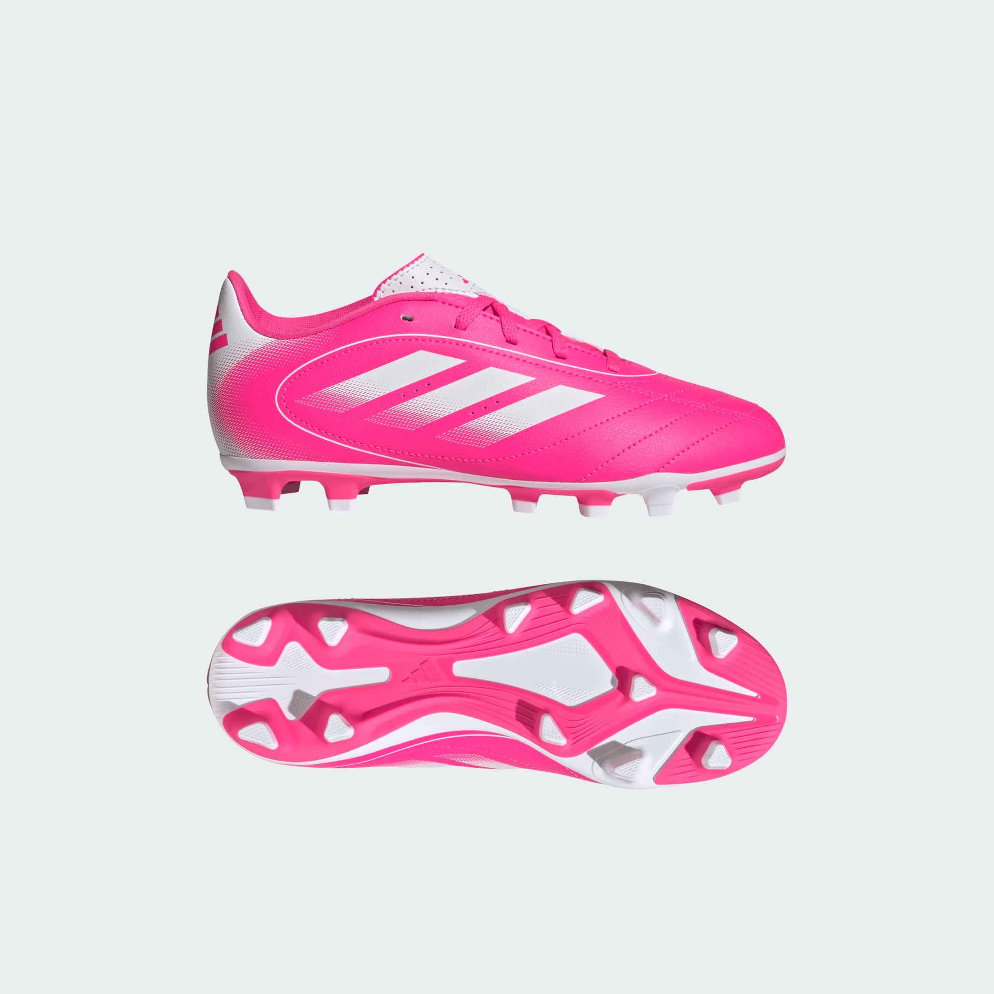 Chaussures de soccer Goletto IX FG - Adidas rose vif et blanc, style crampons, vue latérale et semelle, pour enfant garçon