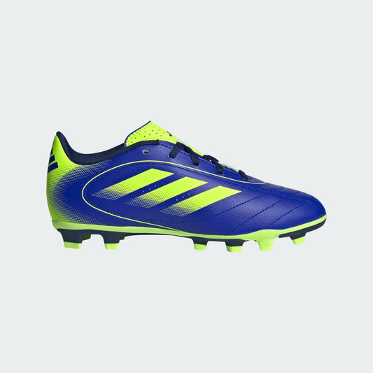 Chaussures de soccer Goletto IX FG - Adidas bleu et jaune fluo, cuir synthétique, vue de profil droit sur fond clair