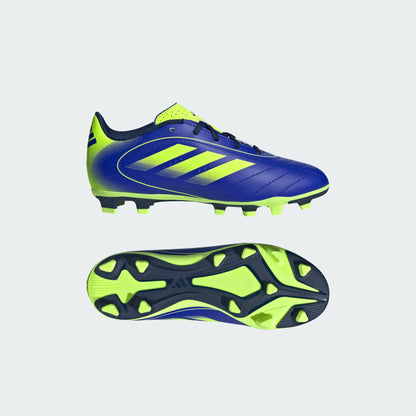 Chaussures de soccer Goletto IX FG - Adidas bleu et vert fluo, semelle crampons terrain ferme, vue latérale et dessous