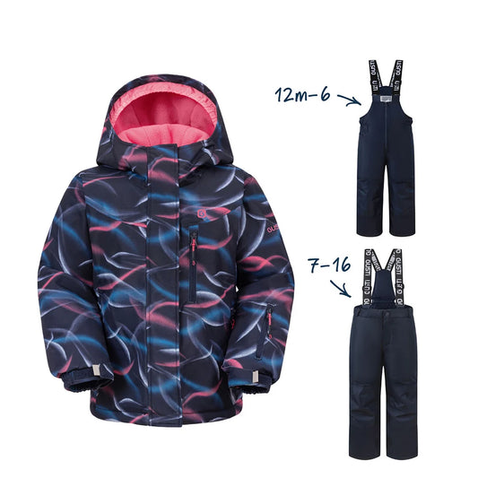 Habit de neige Jolie - Gusti pour enfant, veste à capuche marine à motifs roses et bleus avec pantalon à bretelles, vue de face
