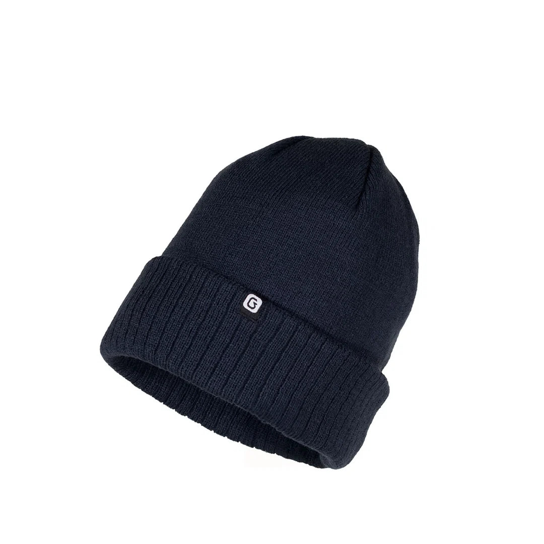 Tuque d'hiver Journey - Gusti bleu marine en tricot avec revers côtelé et logo, vue de face