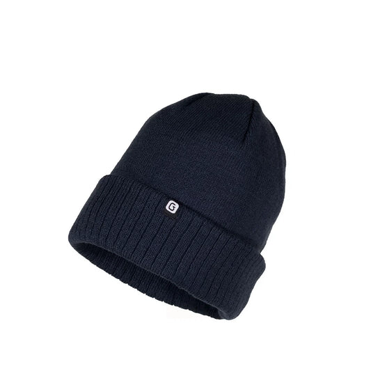 Tuque d'hiver Journey - Gusti bleu marine en tricot avec revers côtelé et logo, vue de face