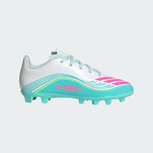 Chaussures F50 Messi Club de soccer - Adidas blanc, bleu turquoise et rose, style terrain souple, vue de profil garçon enfant.