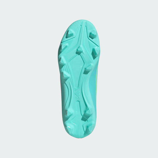 Chaussures F50 Messi Club de soccer - Adidas semelle turquoise vue de dessous pour enfant, terrain souple multiterrain.