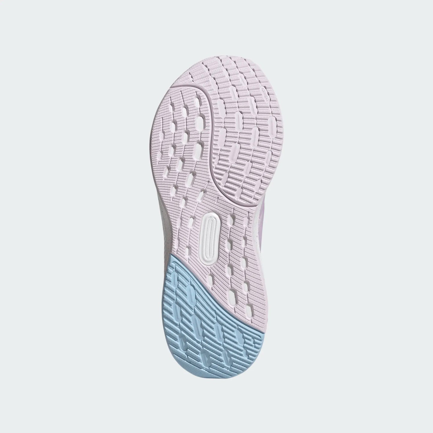 Semelle rose et bleue vue de dessous des Espadrilles UltraRun 5 - Adidas junior avec détails d'adhérence en caoutchouc.