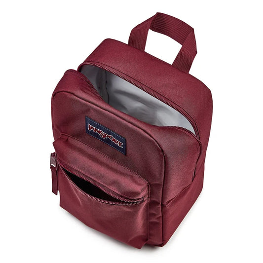 Boîte à lunch - Big Break bordeaux en tissu polyester avec fermeture zippée, intérieur isolant argenté, vue en plongée ouverte, pour enfant.