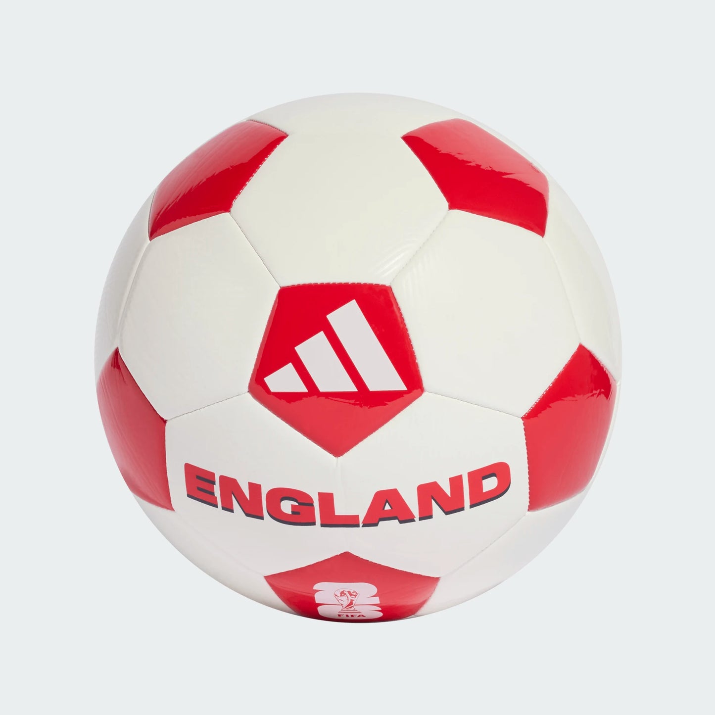 Ballon FIFA World Cup 26 Official England Club - Adidas blanc et rouge en cuir synthétique, vue de face.