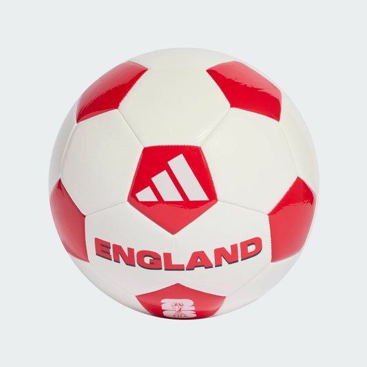 Ballon FIFA World Cup 26 Official England Club - Adidas blanc et rouge en cuir synthétique, vue de face.