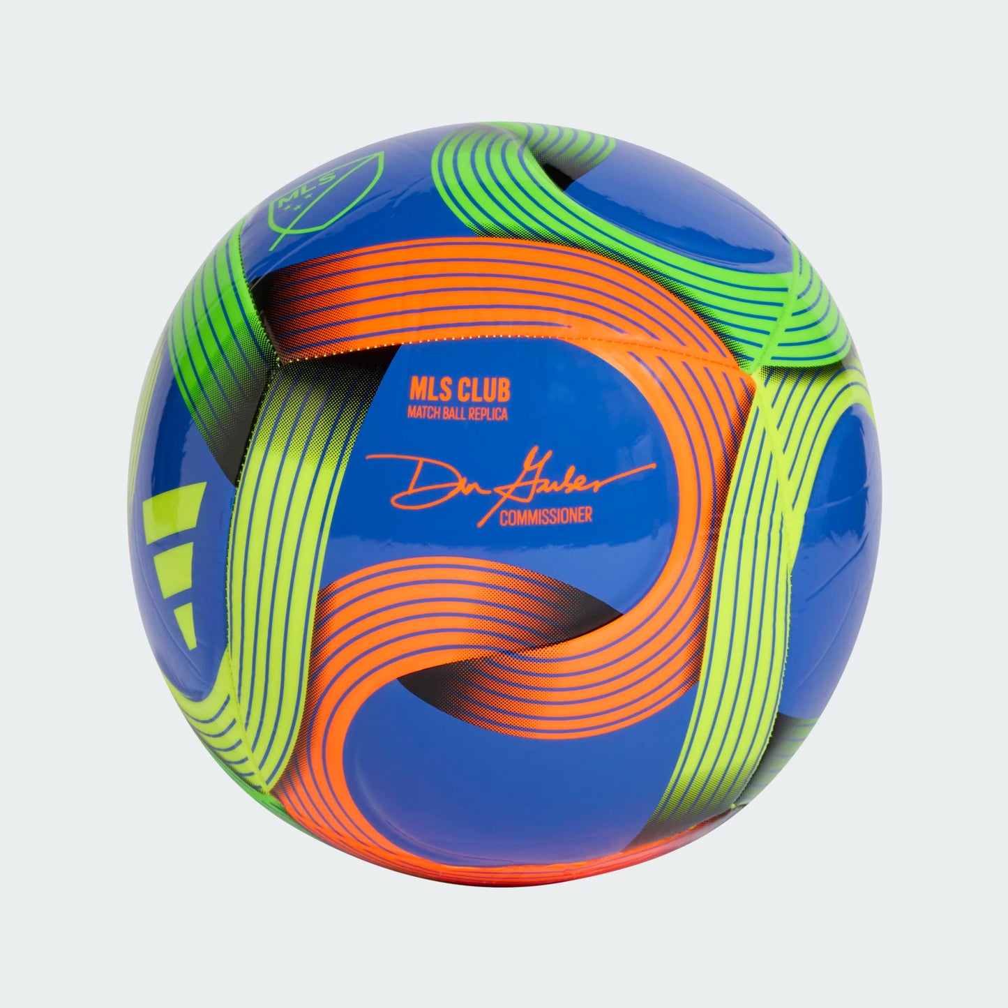 Ballon de soccer Major League Soccer - Adidas bleu avec motifs orange et verts, détail vue latérale
