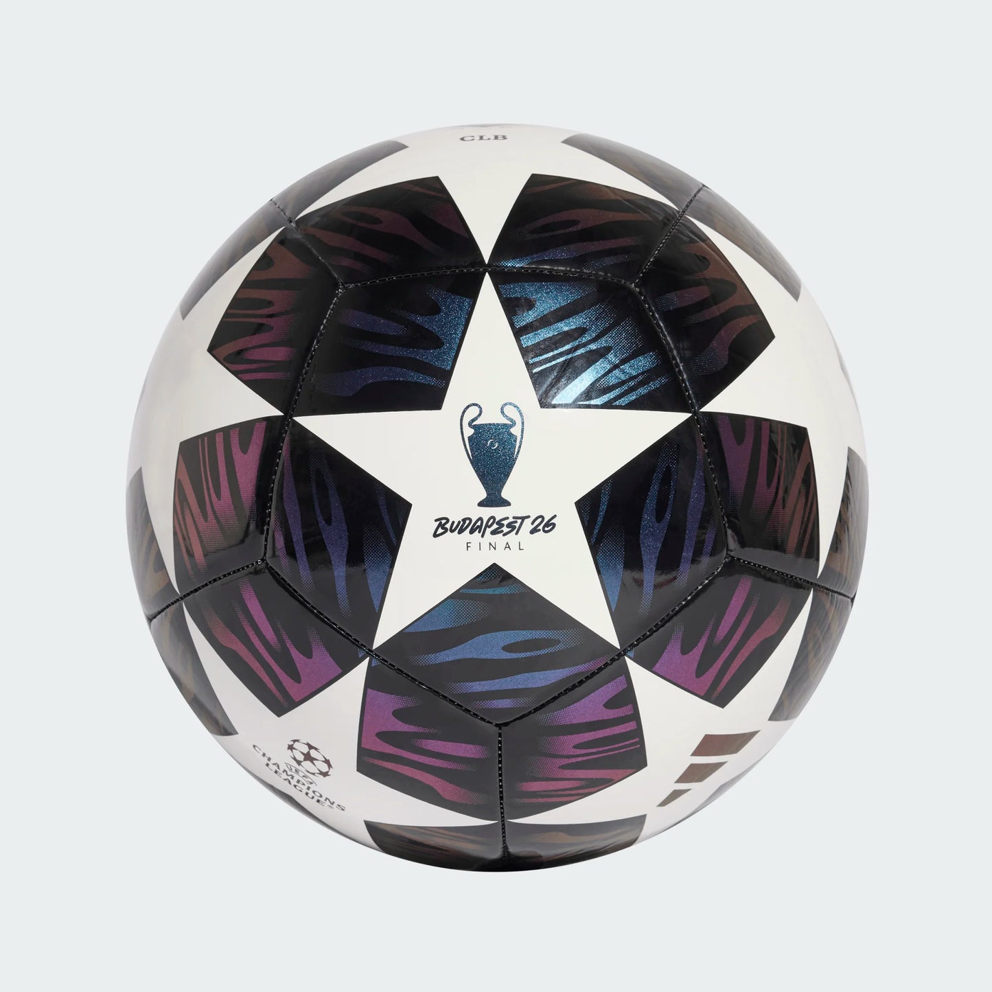 Ballon de soccer l’UEFA Champions League - Adidas en cuir blanc avec motifs étoiles noirs, violets et bleus, vue de face.