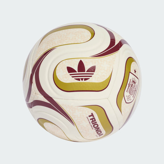 Ballon Trionda Spain Away Club- Adidas blanc avec motifs bordeaux et dorés, détail des coutures, balle de football vue de face.
