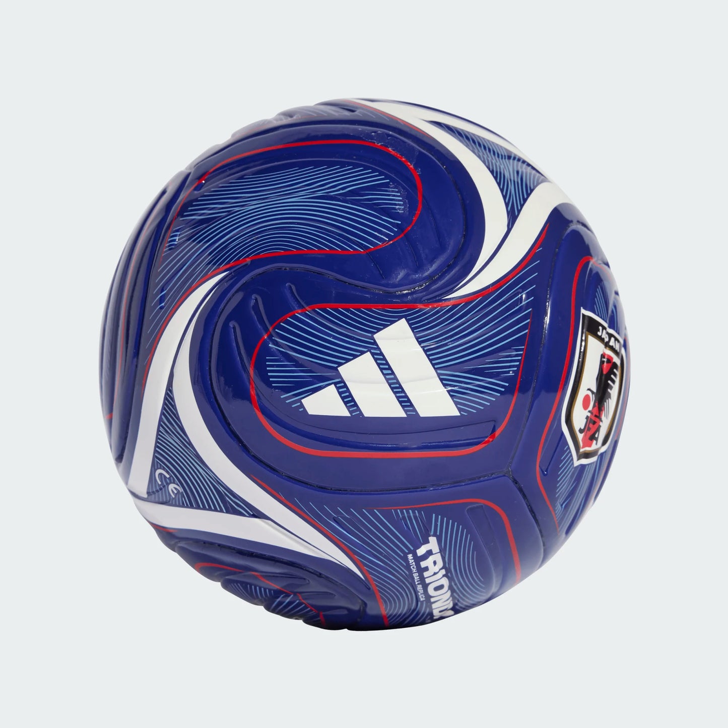 Mini ballon de soccer  - Adidas bleu et blanc avec détails rouges en mousse, vue de côté pour joueurs de tous âges