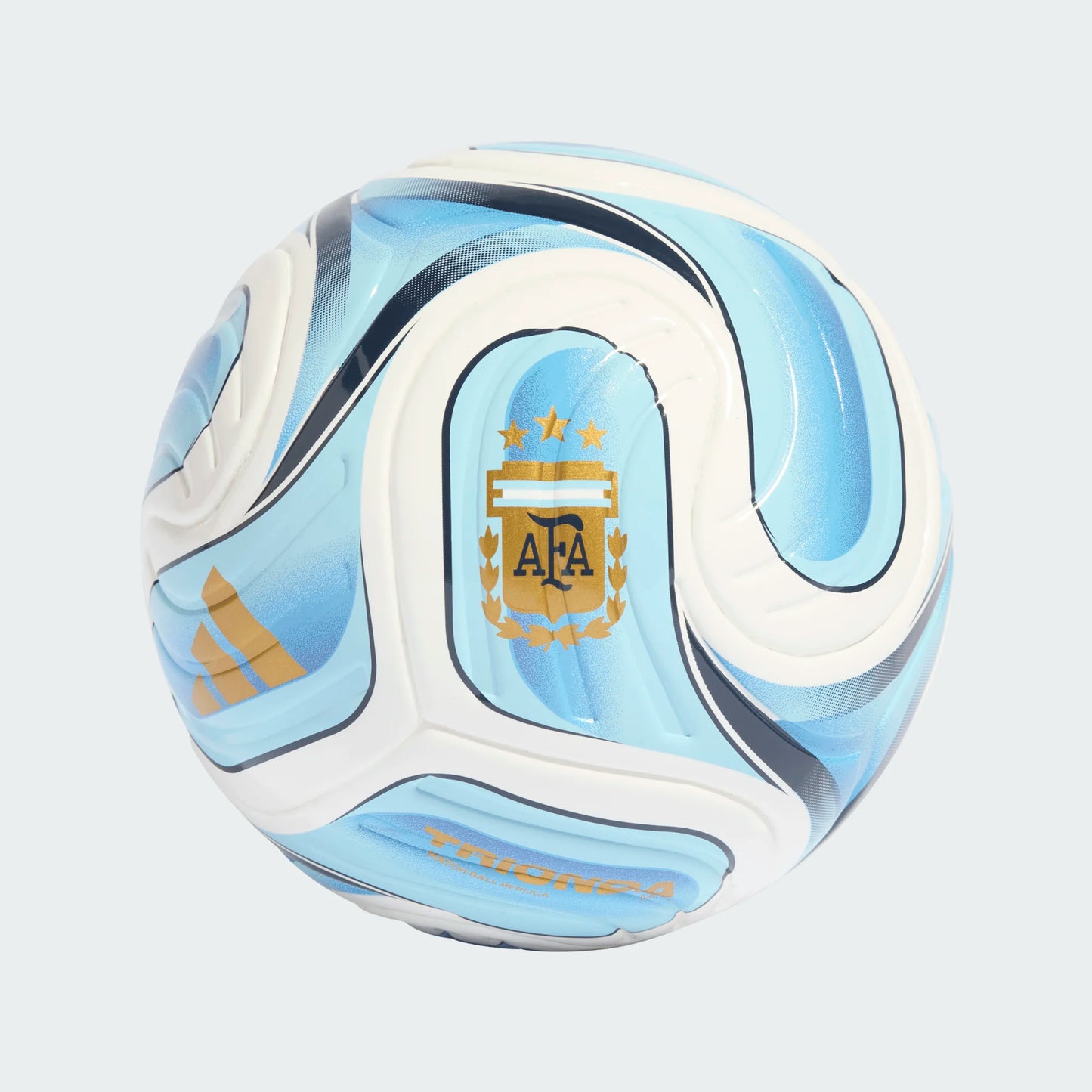 Mini ballon de soccer Trionda Argentina Home - Adidas blanc et bleu ciel avec détails dorés, vue de face.